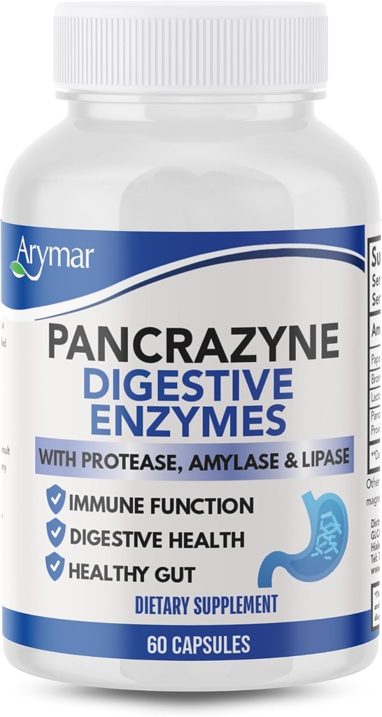 Arymar Pancrazyne Probiotics, Amylase, Protease, Lipase & Lactobacillus, Gut Health & Digestive 지원 보충교재, 60 캡슐을 가진 소화 효소