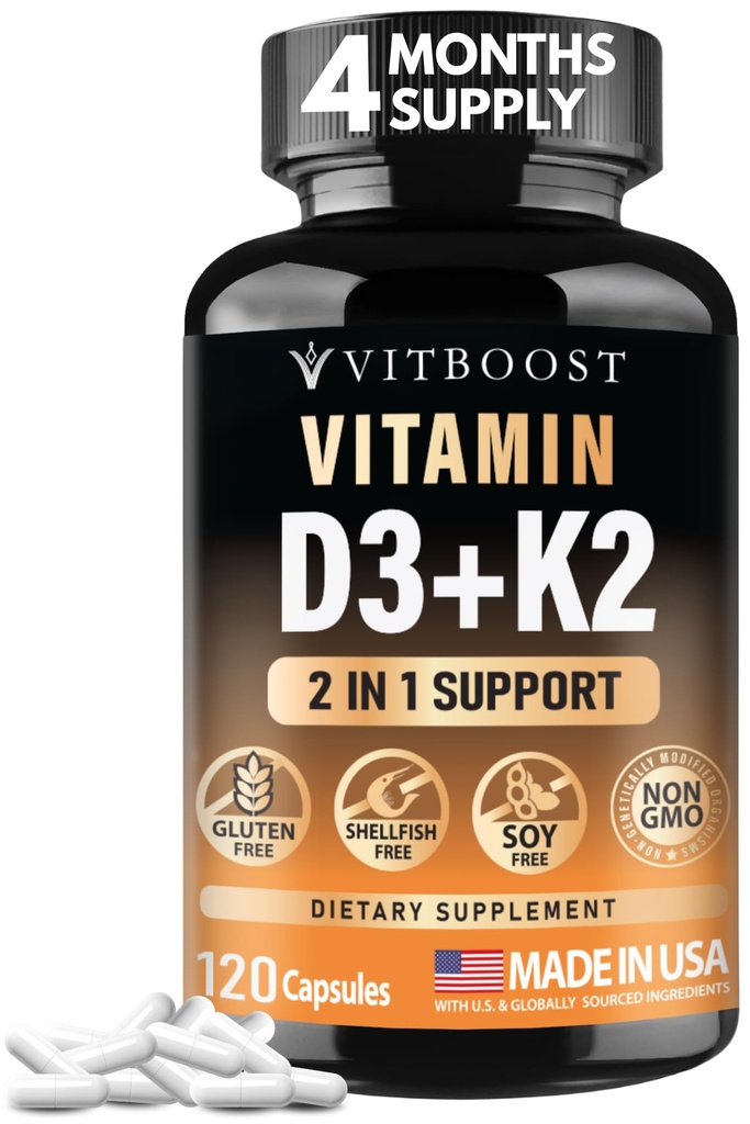 VITBOOST 비타민 D3 K2 복합체 - 삼키기 쉬운 - 비타민 D (D3) 5000 IU (125 mcg) & K2 (MK-7) 90 mcg | 비 GMO | 글루텐 프리 | 미국 제작 | 120 캡슐