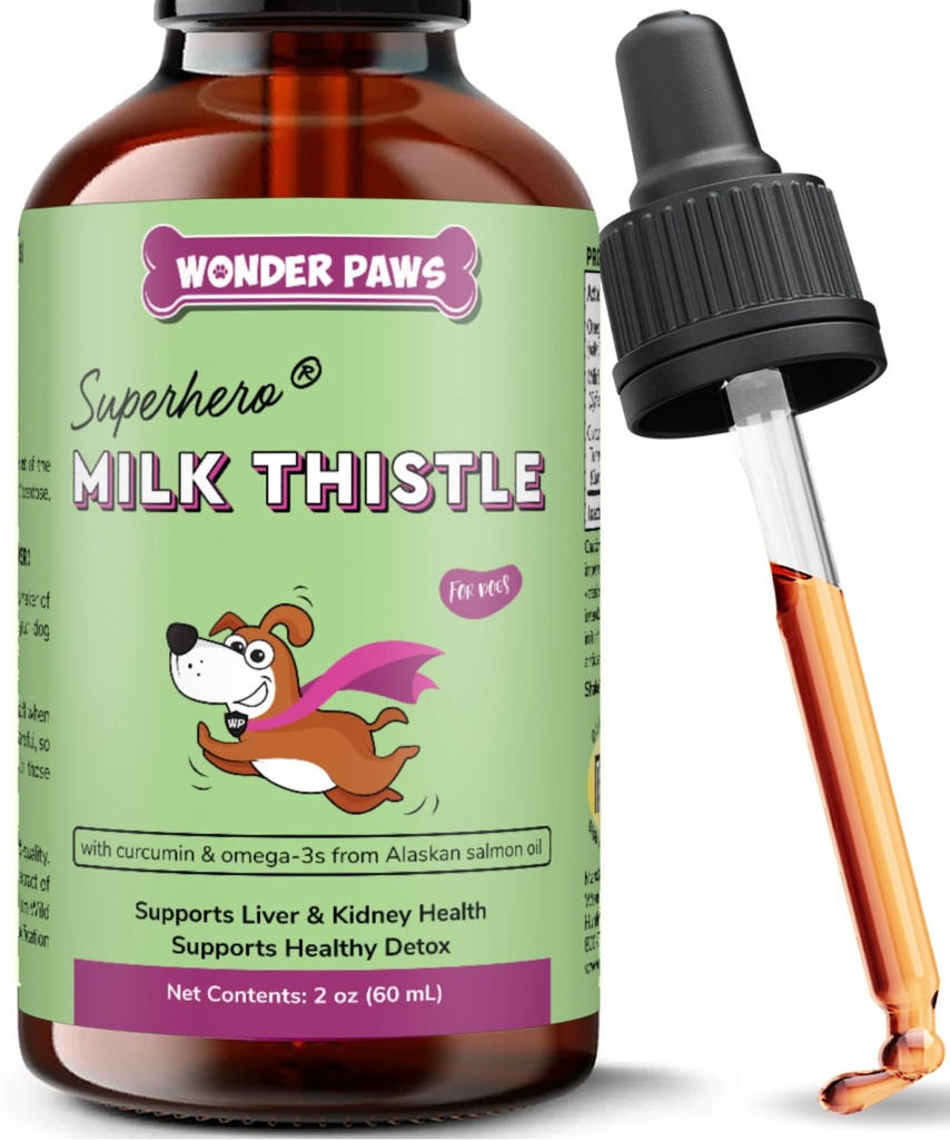 Wonder Paws Milk Thistle, 개를위한 라이브 지원, 애완 동물, Detox, Hepatic 지원, 야생 알래스카 연어 오일 & 쿠르쿠민, 오메가 3 EPA 및 DHA (2 Oz)와 함께 Kidney 기능 지원