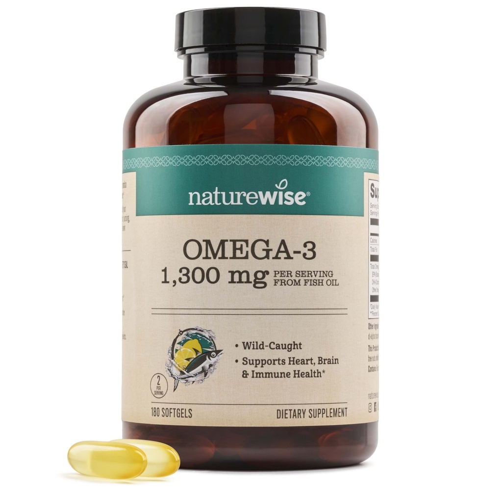 NatureWise Ultra Omega 3 Fish Oil 2200 mg - Triglyceride 형태 - 레몬 맛 - 야생 잡힌 생선 기름 + EPA & DHA - 지원 뇌 & 심장 건강 - Burpless, Non-GMO - 180 Softgels [3-달 공급]