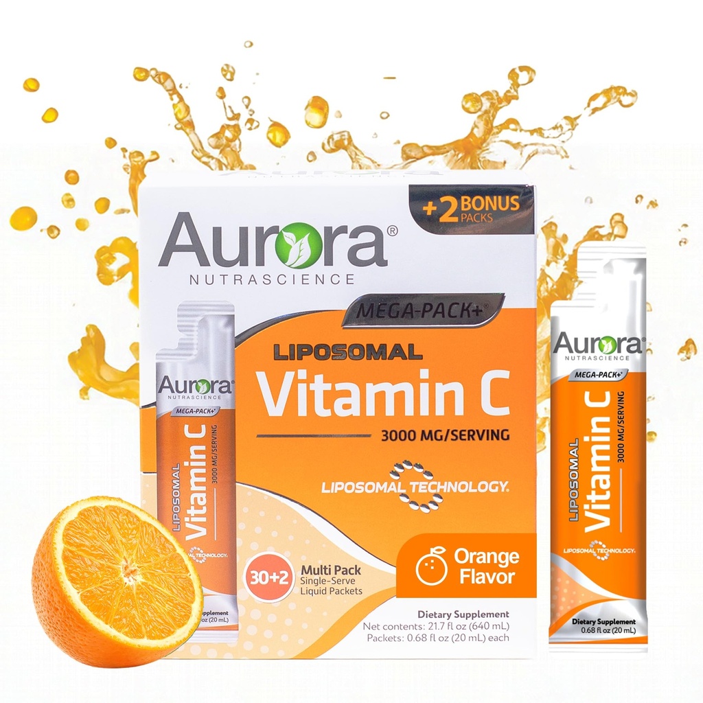 오로라 Nutrascience Liposomal 액체 비타민 C - 성인을 위한 건강한 면역 지원 보충교재, 설탕 자유로운, 서빙 당 3000 mg, Vegan, 글루텐 자유로운, 비 GMO - 32 단 하나 Serve Packets, 오렌지