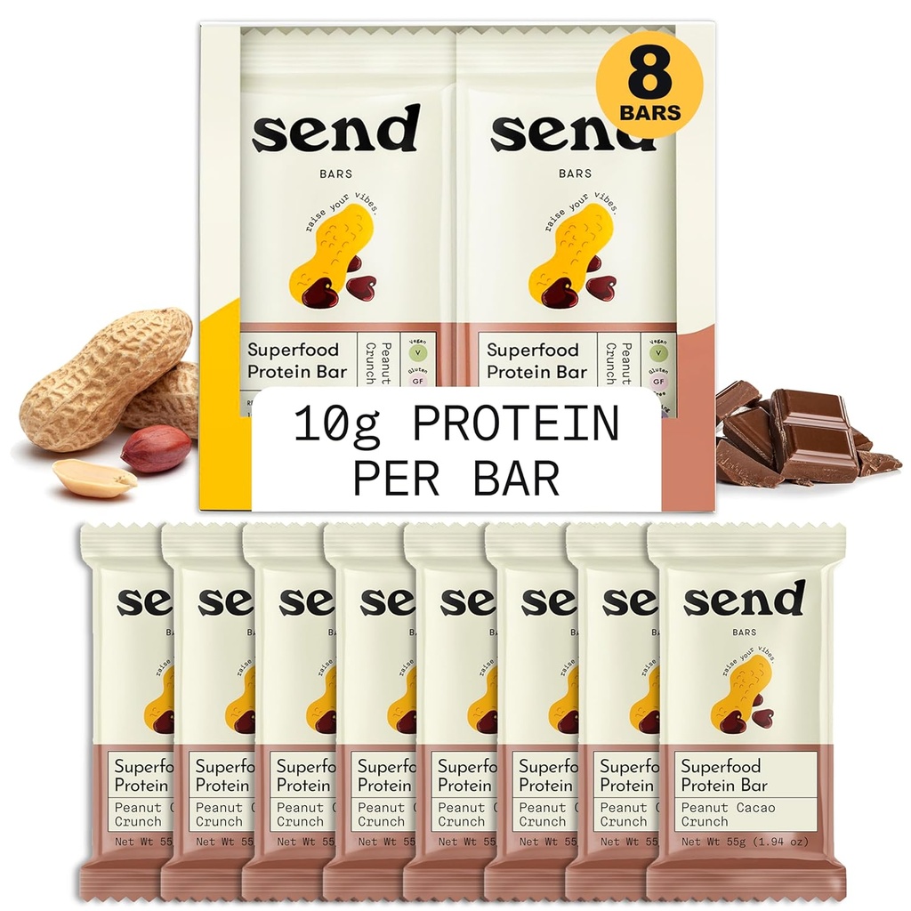 Bar Plant-Based Vegan Healthy Protein Bar를 녹색으로 보내십시오 (Peanut Cacao Crunch, 8 Bar) - Real Ingredients, ZeroAdd Sugar, Gluten-Free, Dairy-Free