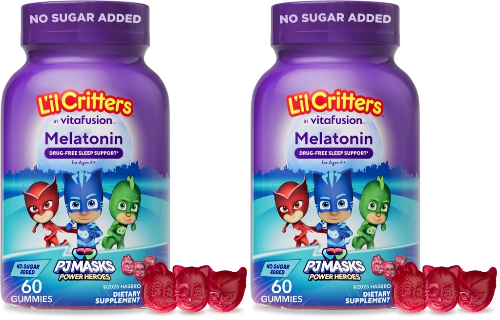 L'il Critters PJ Mask Gummy Melatonin Supplement for Kids, 약물 무료 수면 지원, 60 구미 (패키지 2)