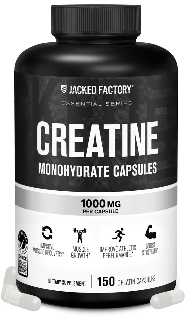 Jacked Factory Creatine Monohydrate 캡슐 - 근육 성장을 위한 크레아틴 알약, 증가된 힘, 강화된 에너지 산출 및 개량된 운동 성과 - 150의 캡슐