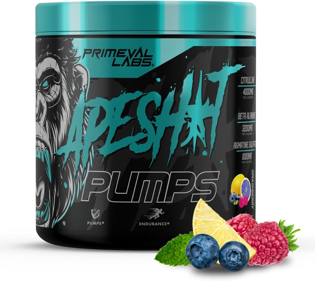 Primeval Labs Ape Pumps PreWorkout Powder for Men and Women 40 서빙, Smashberry | Caffeine Free | 니트로 산화물 펌프 사전 운동 에너지 음료, 강렬한 펌프, 강도, 베타 알라닌, L Citrulline