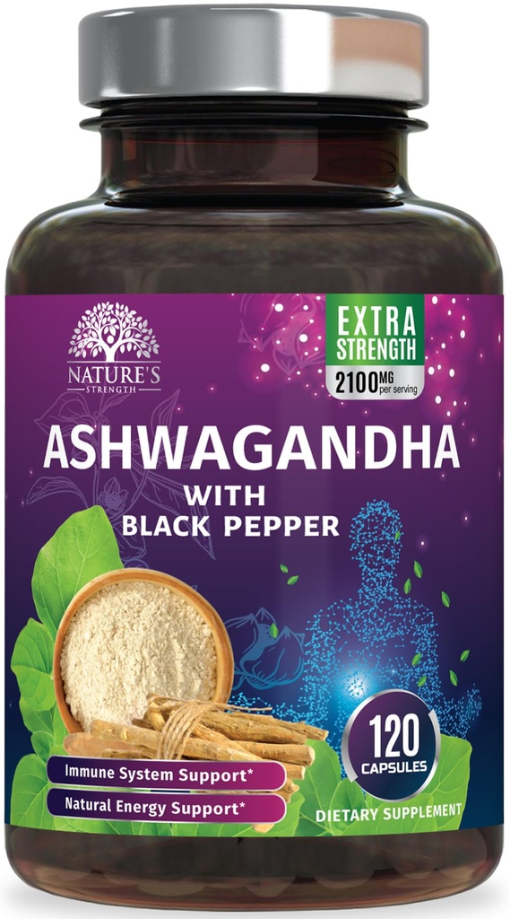 Ashwagandha는 2100mg를 보충합니다 - 최대 흡수를 위한 까만 고추를 가진 여분 힘 Ashwagandha 분말 & 뿌리 추출물, 여자 & 남자를 위한 초본 산화 방지제 보충교재, 비 GMO - 120의 캡슐