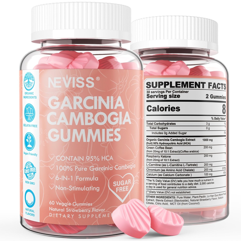 설탕 무료 Garcinia Cambogia Gummies 1000mg 95 % HCA 순수한 추출물 L- 카르니틴, 라즈베리 케톤, 크롬, 메타 볼리즘, 100 % 유기 추출물, 비건, 딸기 맛 60 Cts