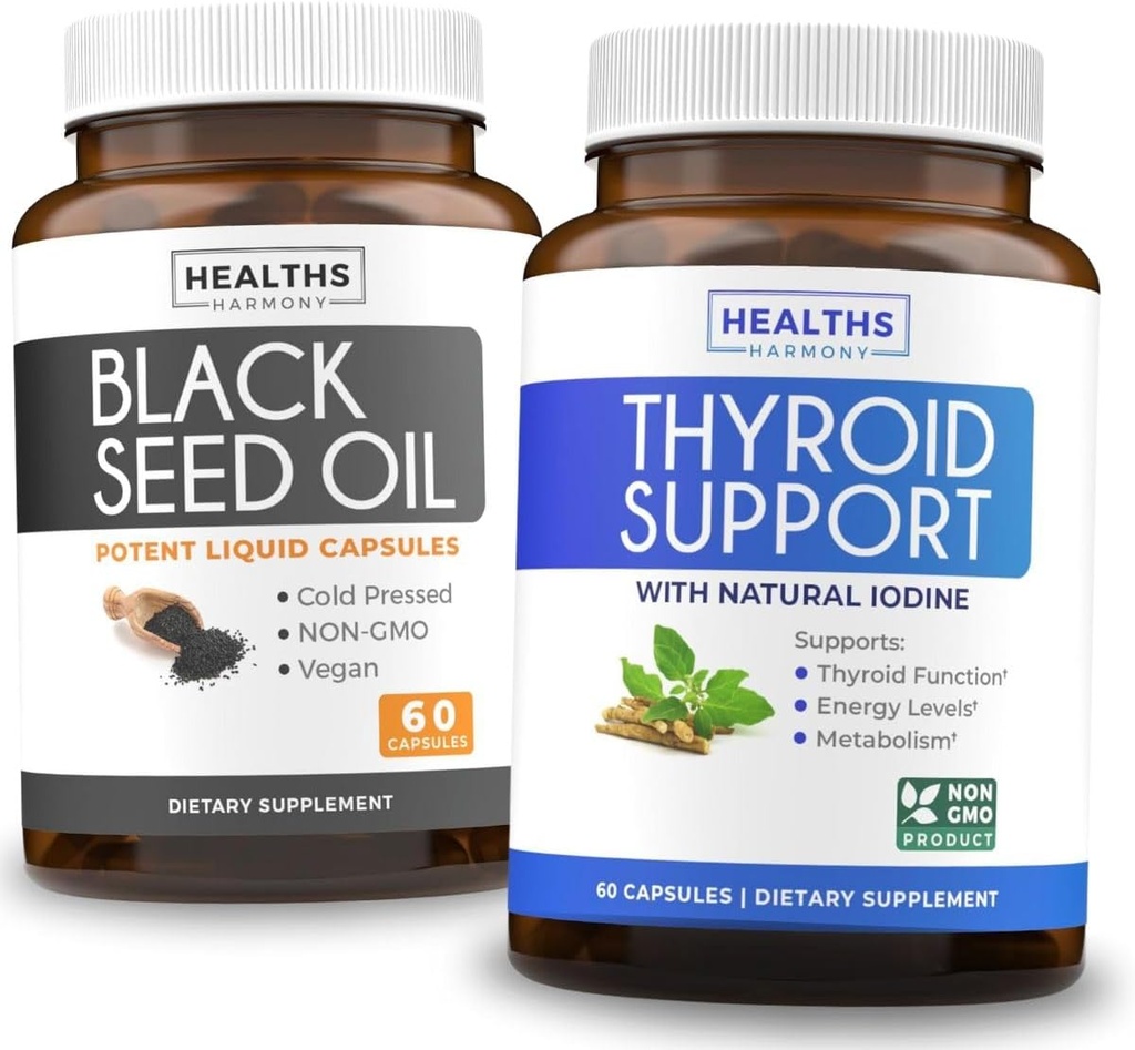 Thyroid Support & Black Seed Oil (1 개월 공급) Black Seed Thyroid Boost - Thyroid Support (60 캡슐) Health Supplement & Black Seed Oil (60 캡슐) Cold-Pressed Nigella Sativa - Non-GMO