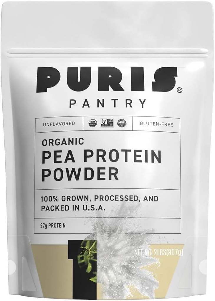 PURIS® Organic Pea Protein Powder, 100 % 미국, 2 LB Unflavored, 공인 유기농, 채식, 글루텐 무료, 유제품 무료, 비 GMO, 플랜트 기반 단백질, 케토, BCAA (2 파운드 (12의 포장), Unflavored)