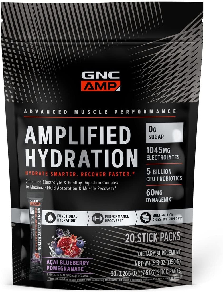 GNC AMP Amplified Hydration Electrolyte Powder Drink Mix | 향상된 전동 및 건강한 소화 복합재 | Acai Blueberry 석류 | 20 개