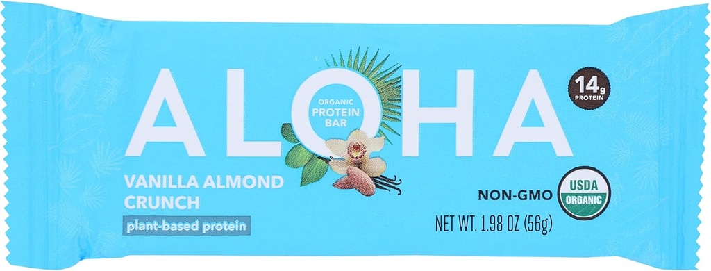 Aloha 유기 바닐라 알몬드 크런치 단백질 바, 14g 식물 기반 단백질, USDA 인증 유기, 글루텐 무료 & 비 GMO, 1.9 Oz (12 팩)