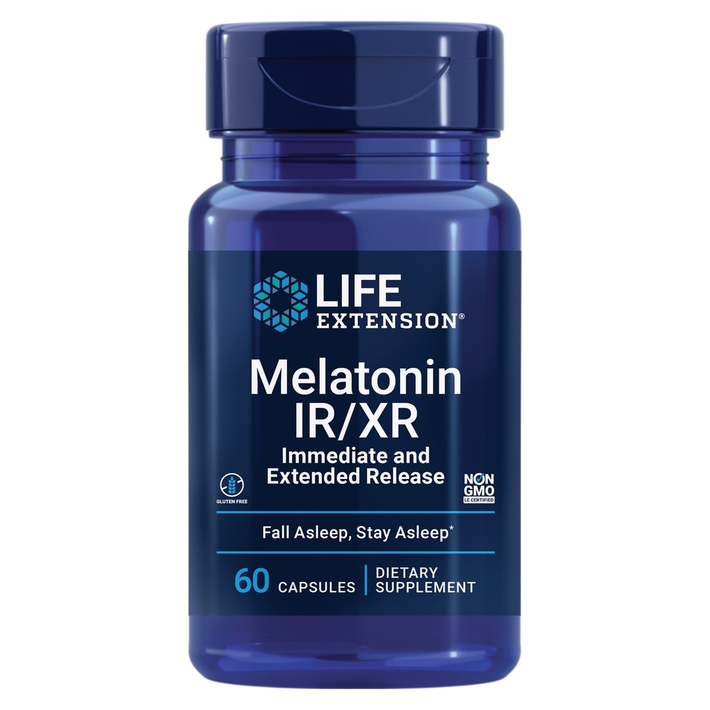 수명 연장 Melatonin IR/XR, 1.5 mg, 즉시 및 최선 수면 지원, 건강한 circadian Rhythms, 세포 방어, 글루텐 자유로운, 비 GMO, 60의 캡슐을 위한 장시간 방출 공식