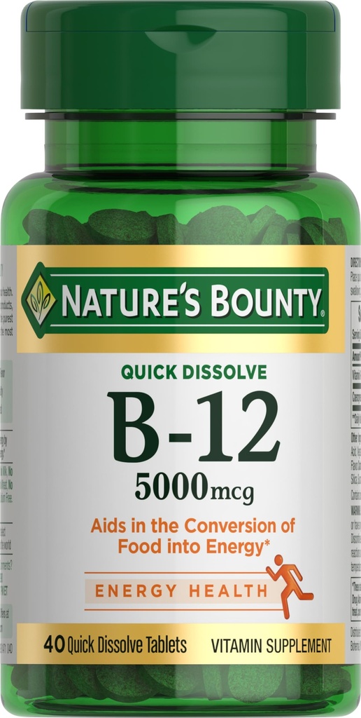 Nature 's Bounty Vitamin B12, 에너지 대사 및 신경 시스템 건강, 5000mcg, 40 빠른 용해 정제