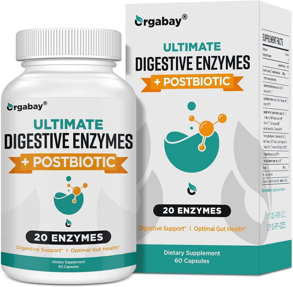Orgabay는 Postbiotics 1000mg, 20 Enzyme 혼합, Optimal 소화 및 Gut 기능, 60 Veggie 캡슐