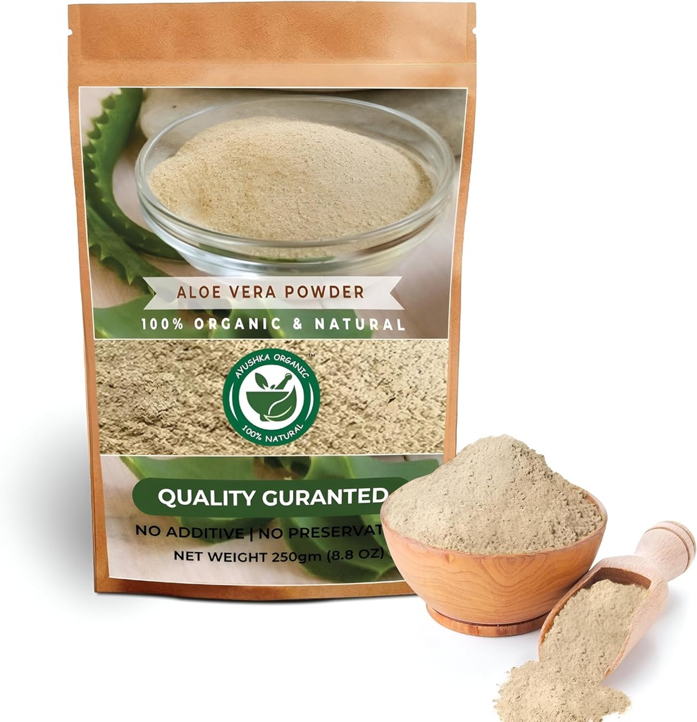 알로에 Vera Powder | 알로에바바바바디시 | 헤어 케어, 스킨 케어, 자연 요법 - 100% 순수, 화학 무료, 첨가물 없음, (250Gm)