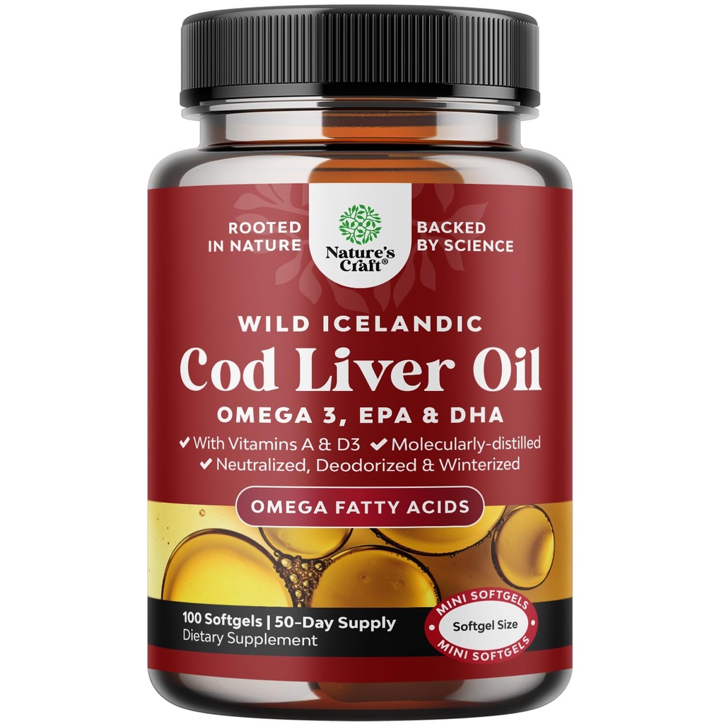 아이슬란드 야생 겁에 질린 옥수수 속 기름 Softgels - 물고기 오메가 3, EPA, DHA, 비타민 D & A, 봉사 당 1000mg - 심장, 합동, 두뇌 & 면역 지원 - 100 조사를 위한 Burpless 캡슐