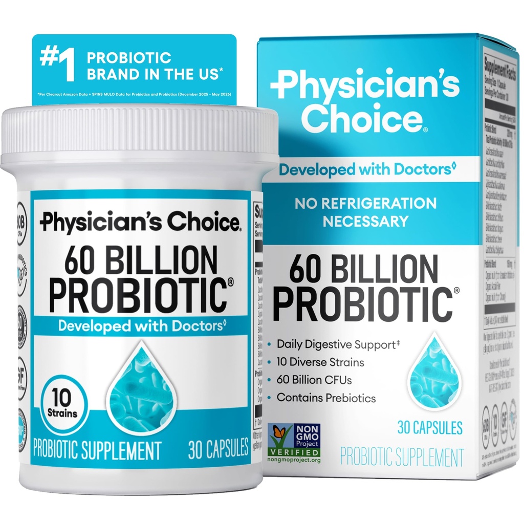 Physician 's Choice Probiotics 60 억 CFU - 10 Strains + Organic Prebiotics - Immune, Digestive & Gut Health - Occasional Constipation, Diarrhea, Gas & Bloating 지원 - 여성 및 남성 - 30ct