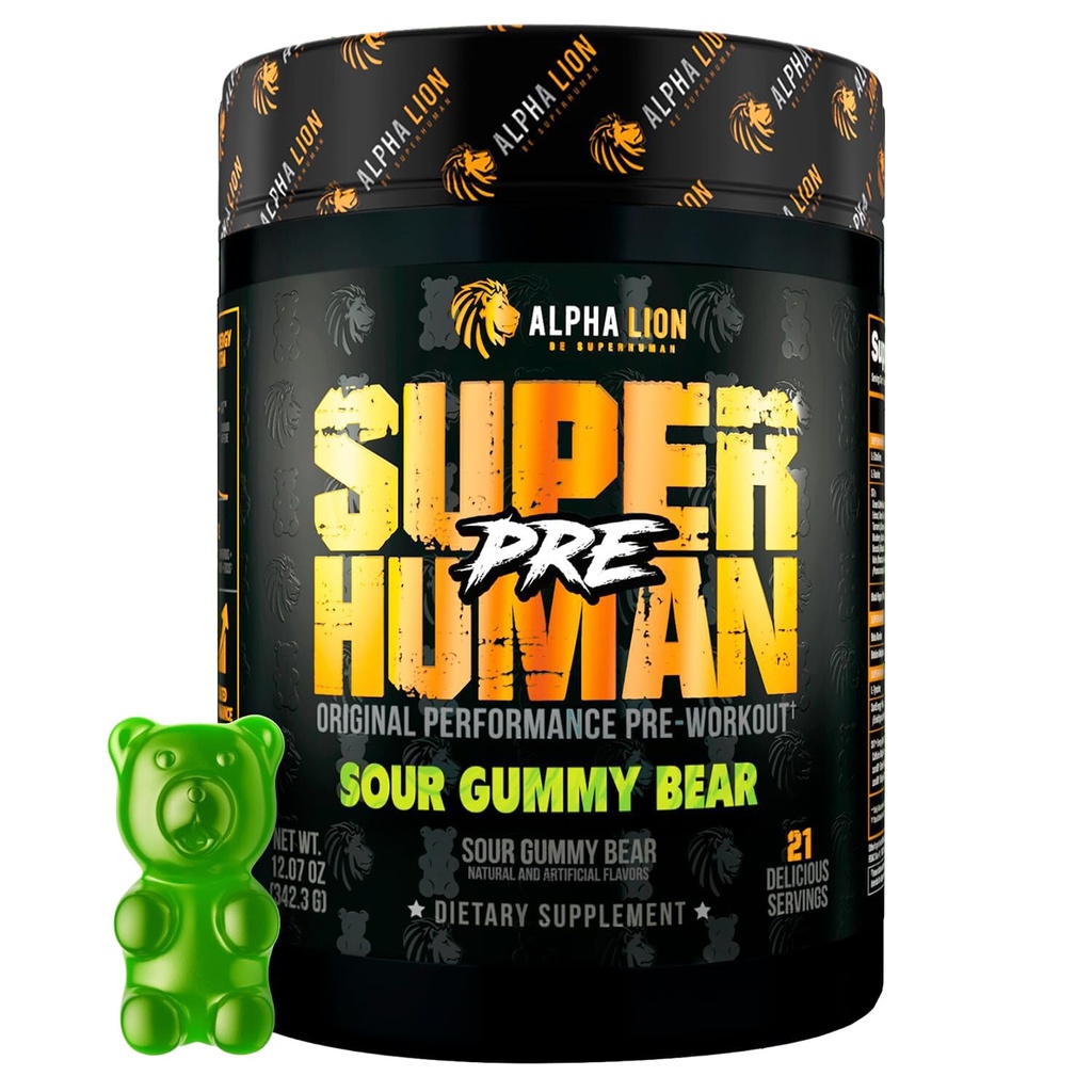 ALPHA LION Superhuman Pre Workout Powder, Beta Alanine, L-Taurine & Tri-Source Caffeine for Sustained Energy & Focus, Nitric Oxide & Citrulline for Pump (21 서빙, Sour Gummy Bear 맛)