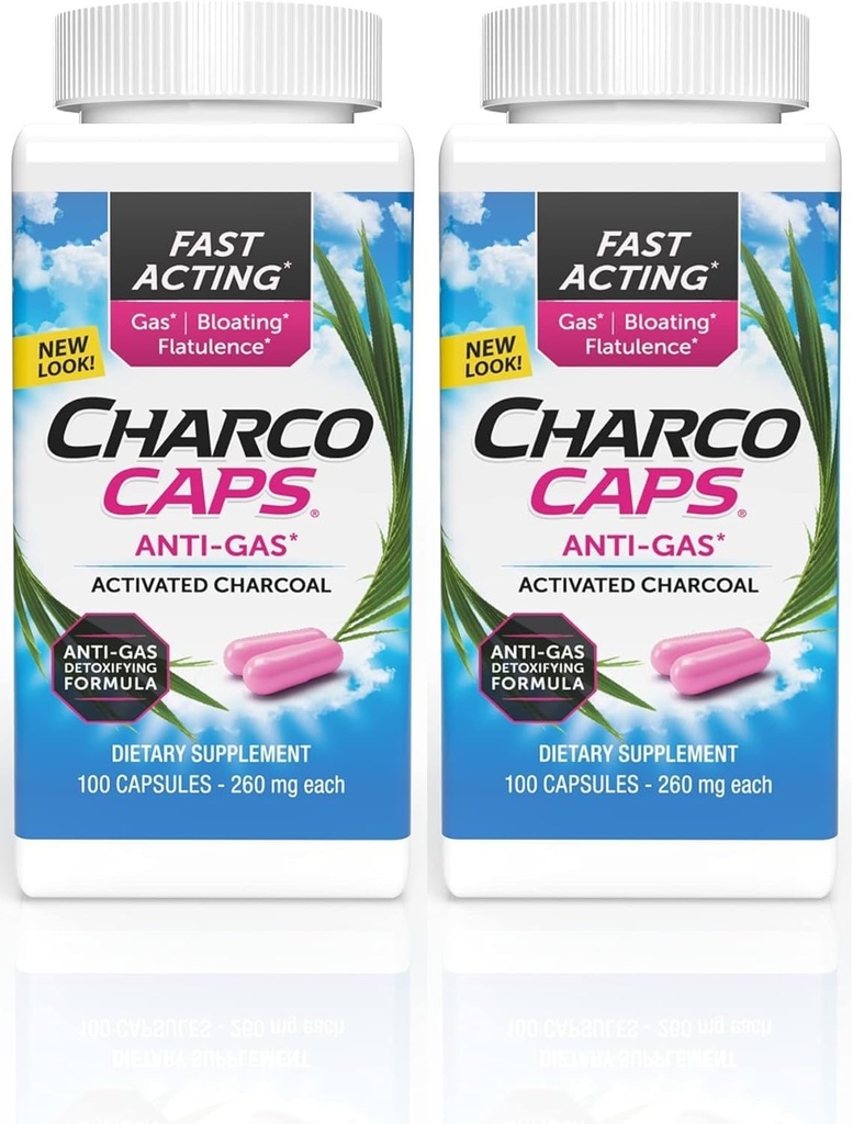 Charcocaps Bloating & Flatulence를 위한 빠른 임시 가스 기복, 약 자유로운 해독은 Charcoal 공식, 100개의 캡슐, 30 일 공급, 2의 분홍색 팩을 활성화했습니다