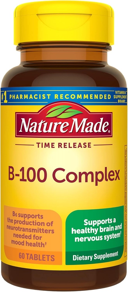 Nature Made Time Release Vitamin B-100 높은 Potency B Complex, Nervous System Function Support의 Dietary Supplement, 60 시간 릴리스 정제, 60 일 공급