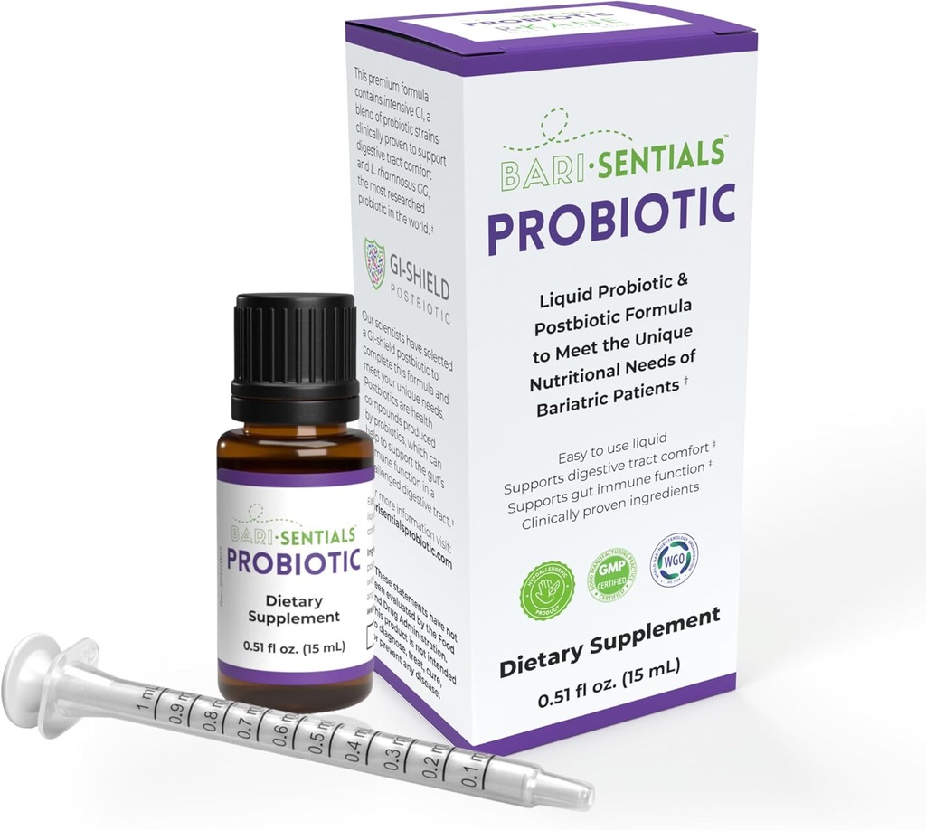 Barisentials Bariatric Liquid Probiotic 및 Postbiotic Premium Formula - 임상 연구 - 소화 건강 및 면역성 포스트 -Surgery, 저량 복용량, 15mL에 대한 필수