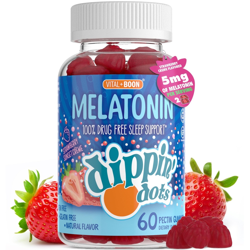 Melatonin Sleep Support Gummies (60 카운트) Strawberry Sunset Creme 풍미 Chews | 어린이 및 성인을위한 Gummy Sleep Supplement 당 2.5mg | 더 빠른 패스너 및 더 긴 수면을위한 보충