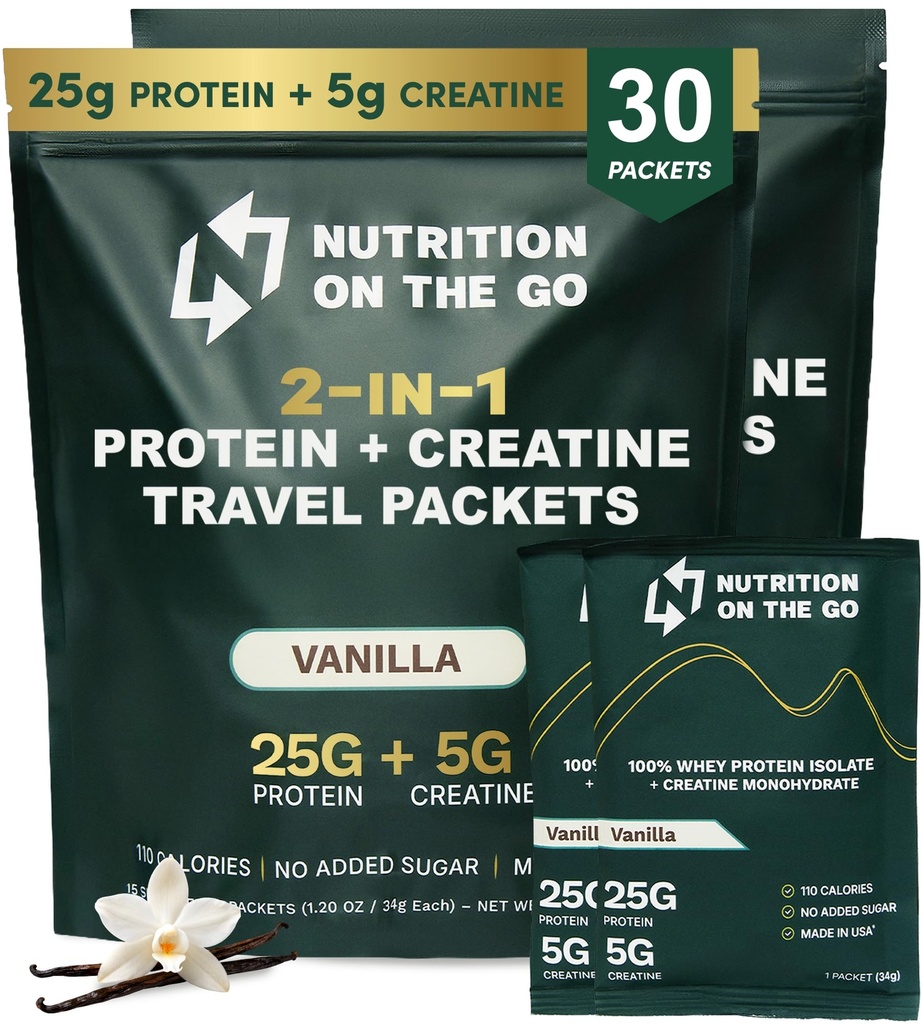 크레아틴을 가진 Go Whey Protein Isolate Packets에 영양 - 25g Protein + 5g Creatine - 단일 공급 여행 단백질 분말 - Vanilla (30 팩)