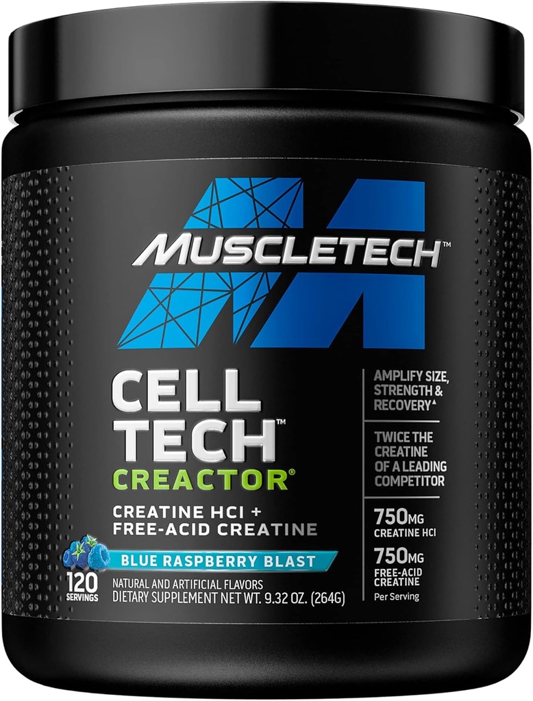 Creatine Powder | MuscleTech Cell-Tech Creactor | Creatine HCl Formula | 남성용 근육 빌더 | Creatine HCl + Free-Acid Creatine | 크레아틴 보충제 | 블루 라즈베리 블라스트, 120 서빙