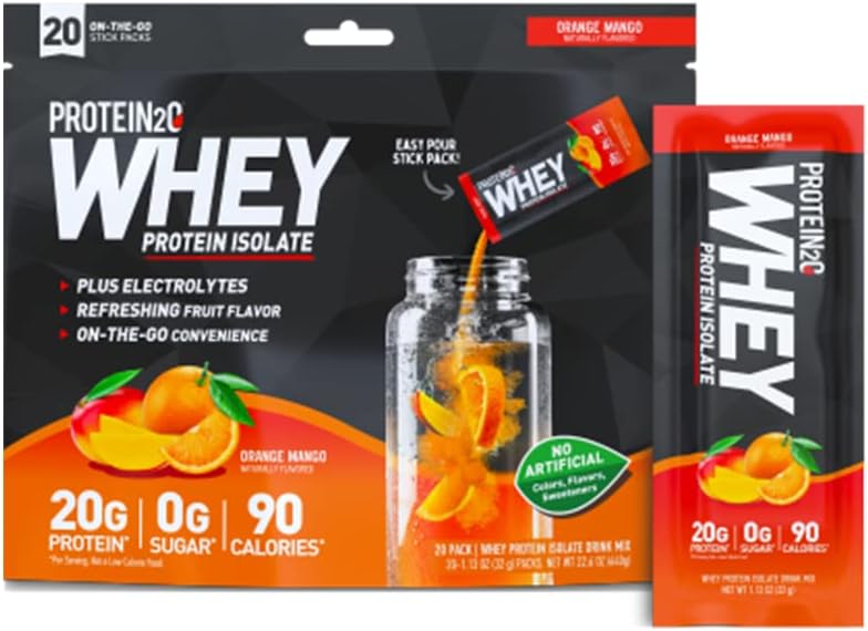 Protein2o Whey Protein Isolate Protein Powder, 오렌지 망고 20 Packs/1.13 Oz