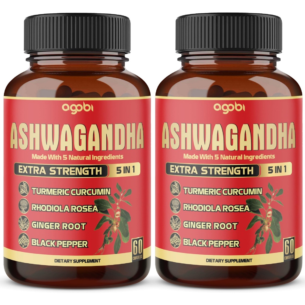 2 팩 - 60 캡슐 Ashwagandha 캡슐 - 높은 농도 - 5in1 공식 Ashwagandha, Turmeric, Rhodiola Rosea, Ginger, Black Pepper - 4 개월 공급