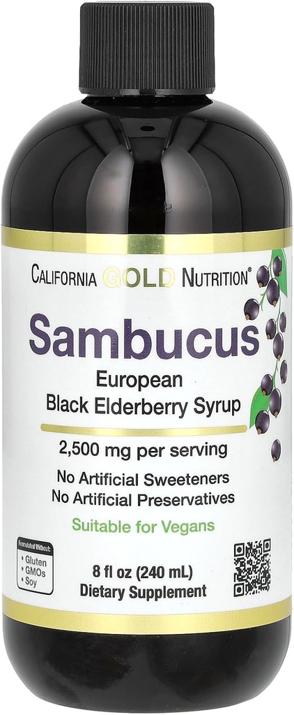 캘리포니아 골드 영양 Elderberry Syrup, 블랙 엘더베리 (Sambucus nigra) 주스 농축, 계절 면역 지원, 인공 보존제 또는 감미료 없음, 2500 mg, 8 fl oz (240 ml)