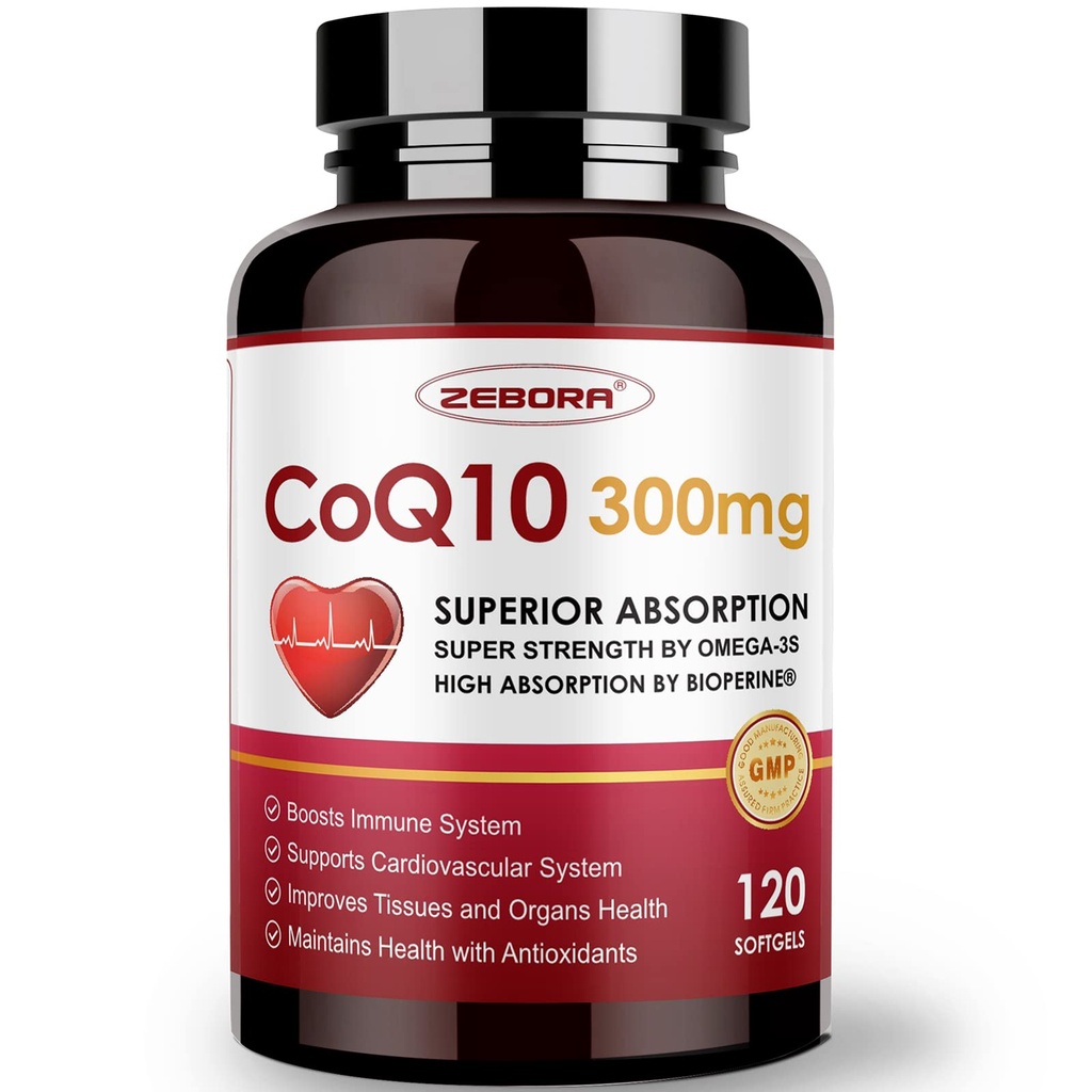 ZEBORA CoQ10-300mg-Softgels with PQQ, BioPerine & Omega-3, 120 서빙 Coenzyme Q10 (Ubiquinone) 높은 흡수, 강력한 산화 방지제, 지원 심장 건강 및 에너지 생산
