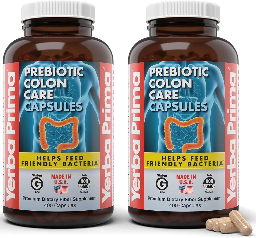 Yerba Prima Prebiotic Colon Care Capsules, 400 Caps (Pack of 2) - Dietary Fiber Supplement의 다섯 가지 형태 - 정규성 및 소화 지원을위한 건강한 수용성 섬유