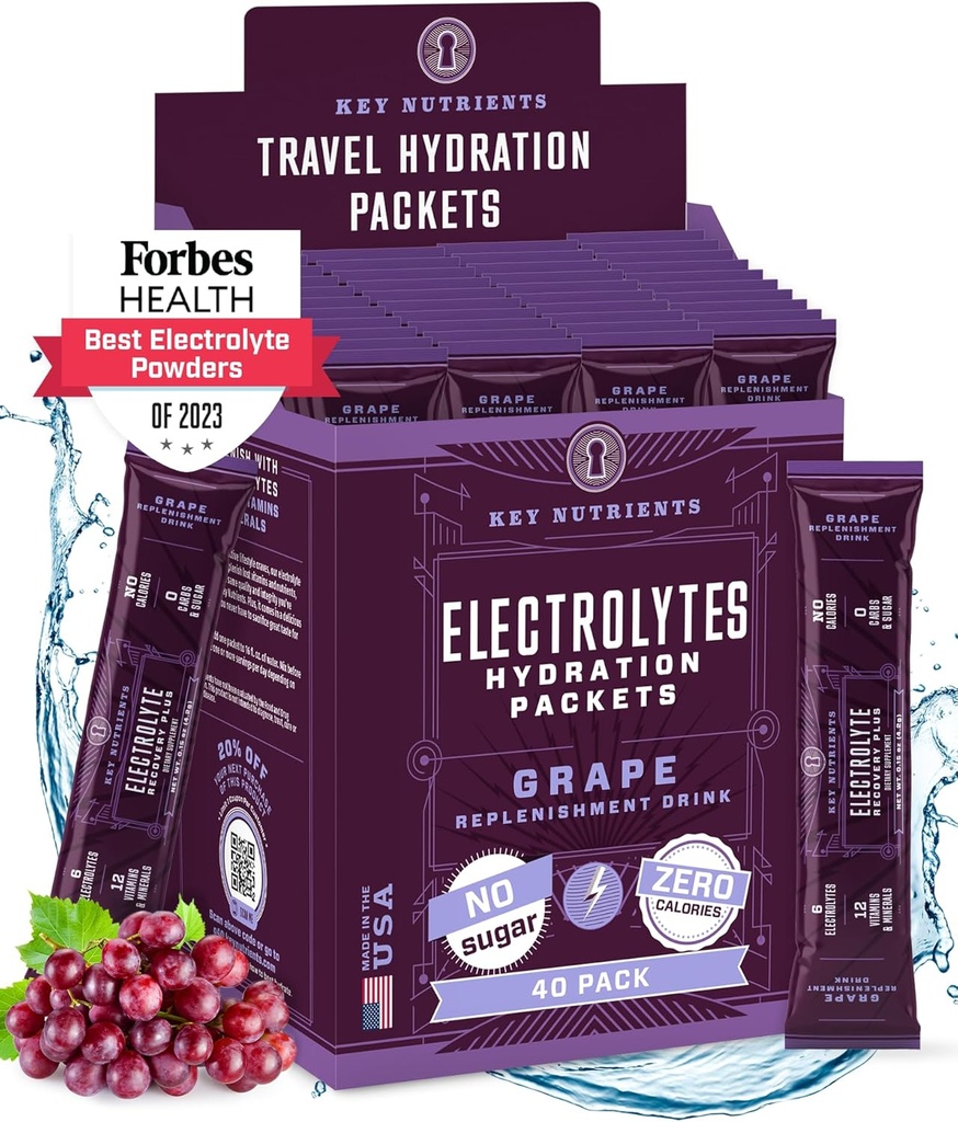 KEY NUTRIENTS Electrolytes 파우더 패킷 - 과일 포도 40 팩 히스 패킷 - 여행 히스 분말 - 설탕 없음, 칼로리 없음, 글루텐 무료 - 미국에서 만든