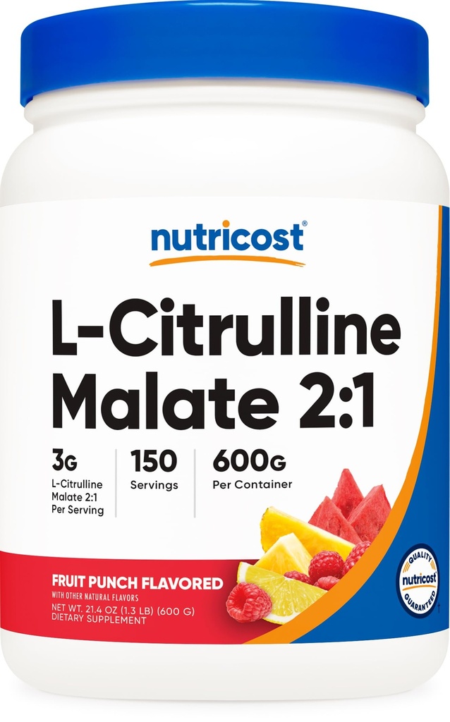Nutricost L-Citrulline Malate 2 : 1 (600g) 과일 펀치 - 운동 지원, 근육 성능, 니트로 산화물 부스터 - 피트니스 보충 분말, 75 서빙