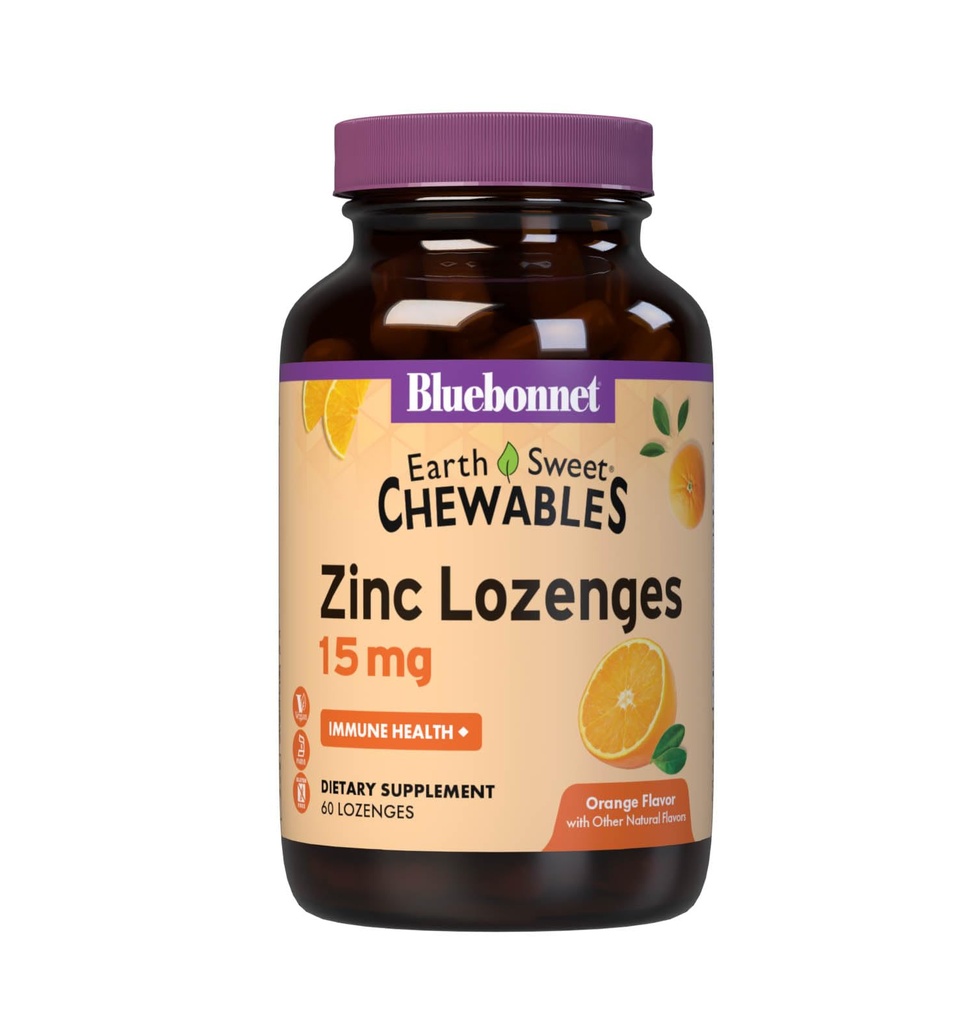 Bluebonnet Nutrition Earthsweet 아연 Lozenges 15mg Chewables, 비타민 C 100mg, Soy-Free, 글루텐 - 무료, Kosher 인증, Dairy-Free, Vegan, 오렌지 맛, 60 Lozenges
