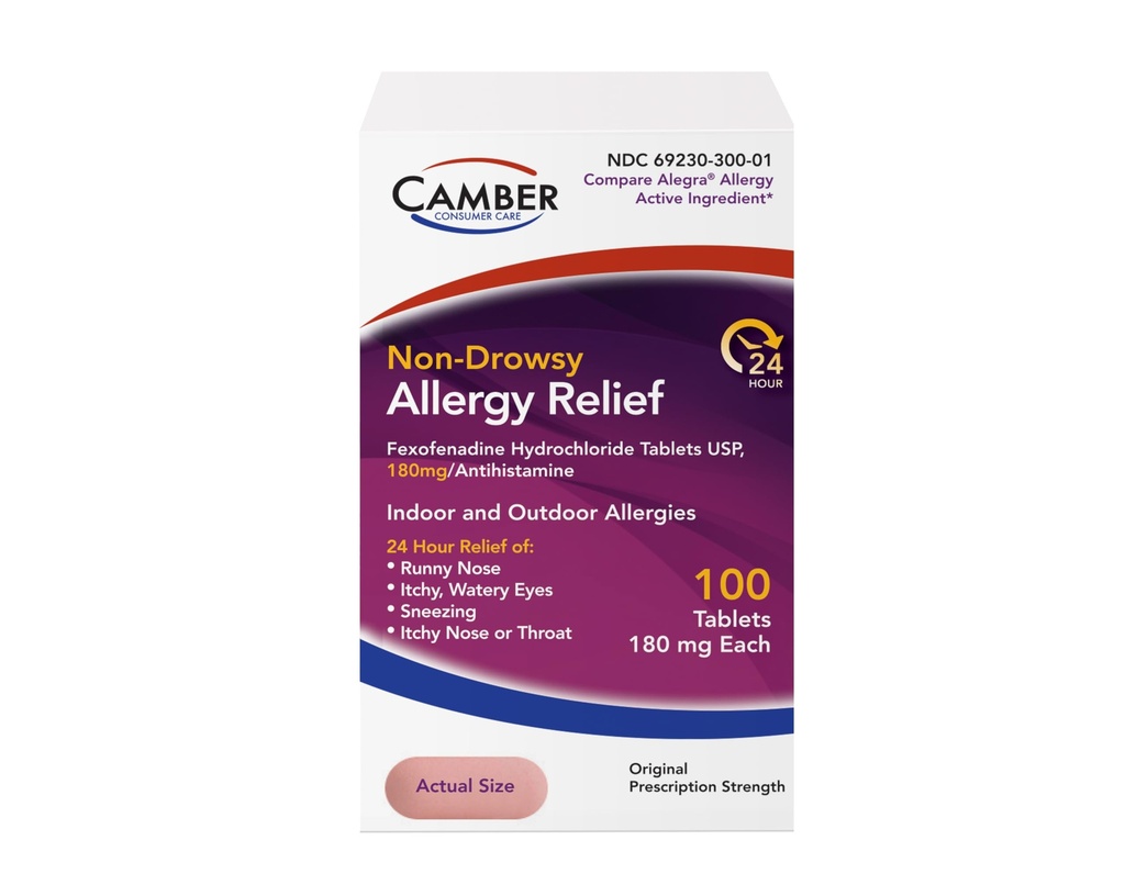 Camber Fexofenadine Antihistamine Non-Drowsy 실내 옥외 24hrs 알레르기 완화 약 100 정제