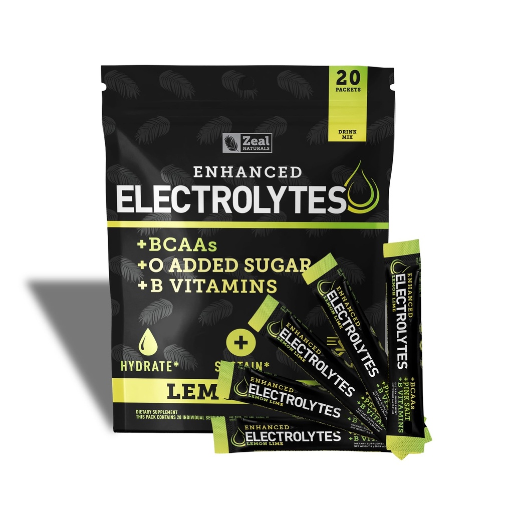 강화된 Electrolyte 분말 지팡이 팩 (레몬 Lime | 20의 소포) w/ 0 설탕 +BCAAs +B-Vitamins Hydrolyte 보충교재 w 칼륨 아연 & 마그네슘 - Keto Electrolytes