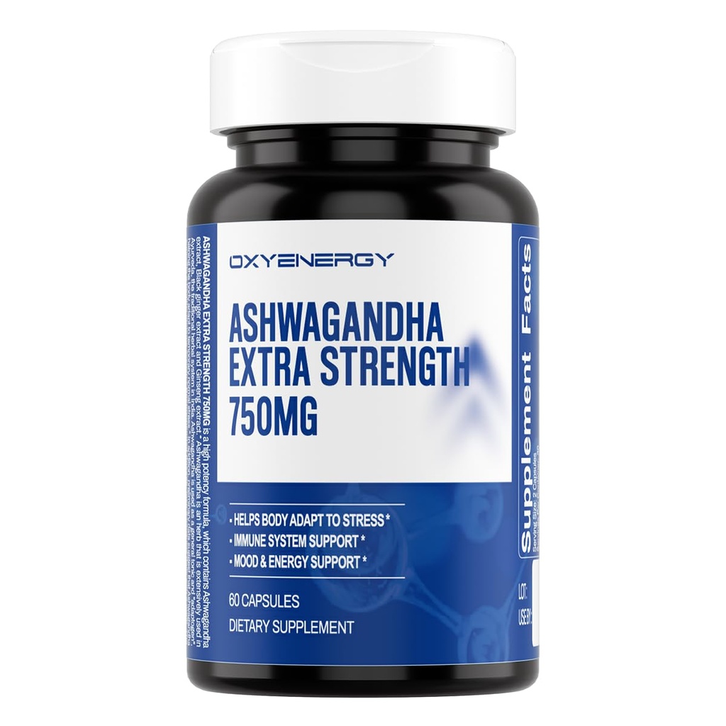 OxyEnergy Ashwagandha Extra Strength-750mg-Stress Relief- Immune & Energy Support - 글루텐, 유제품 및 소이 무료 - 60 캡슐