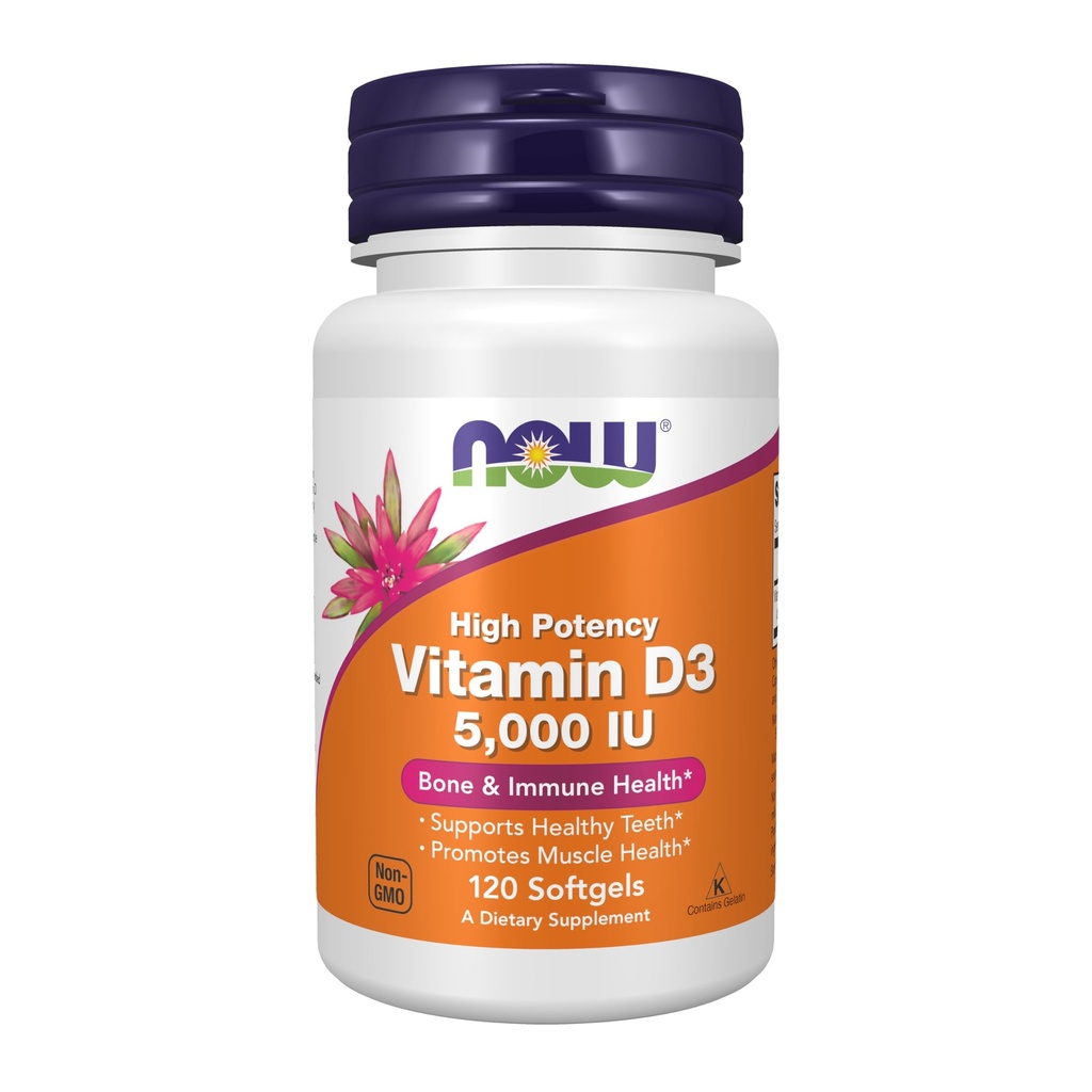 지금 식품 보충제, 비타민 D-3 5,000 IU, 높은 효능, 구조 지원 *, 120 Softgels