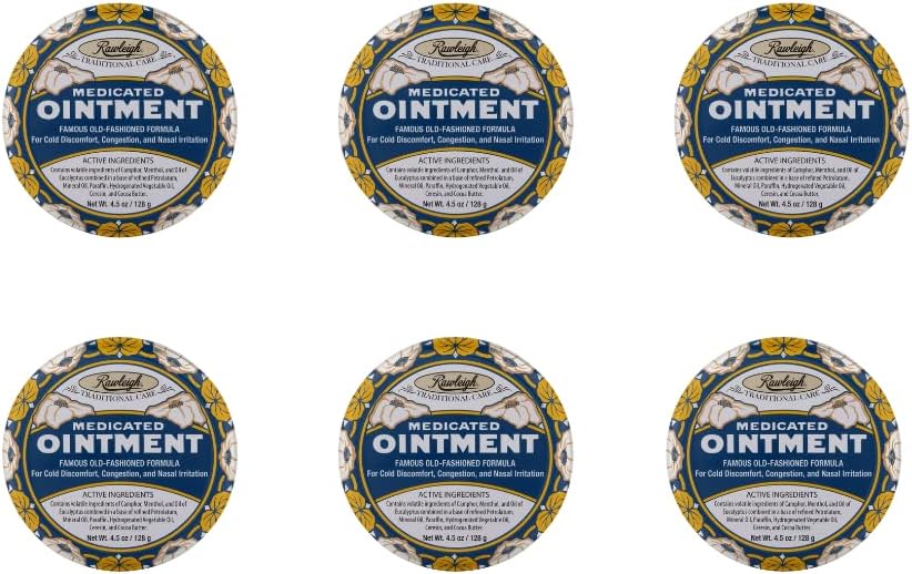 Rawleigh Medicated Ointment : 4.5 oz Blue Tin, 콜드, Nasal Congestion, Minor Aches 및 Pain, Camphor, Menthol 및 Eucalyptus, Non-Greasy Formula - 팩 6