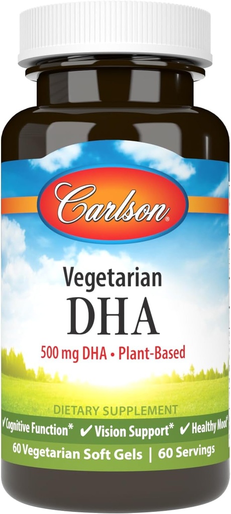 Carlson - 채식 DHA, 500 mg DHA, 근거한 식물, Algae, Brain Support, Mood Health, 60 Softgels에서 지속적으로 Sourced