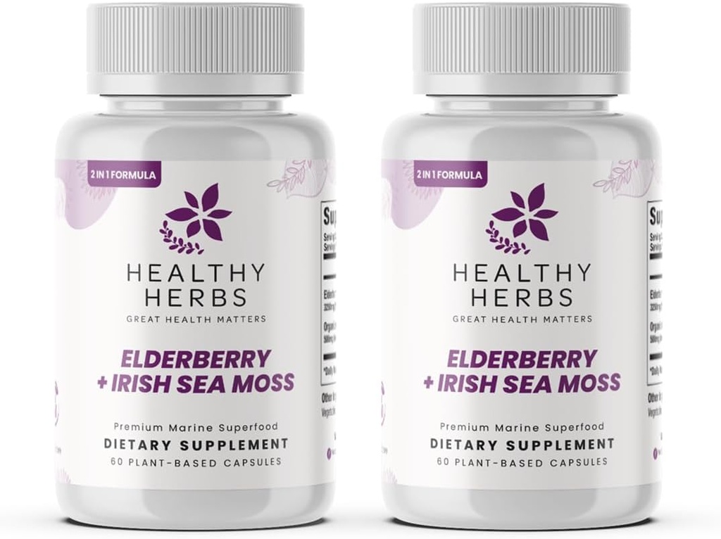 건강한 허브 Wildcrafted Elderberry Sea Moss 캡슐 | 2600mg 아일랜드어 Sea Moss + Elderberry Essentials Blend | US-Made, Vegan, Non-GMO, Easy-Swallow (2-Pack)