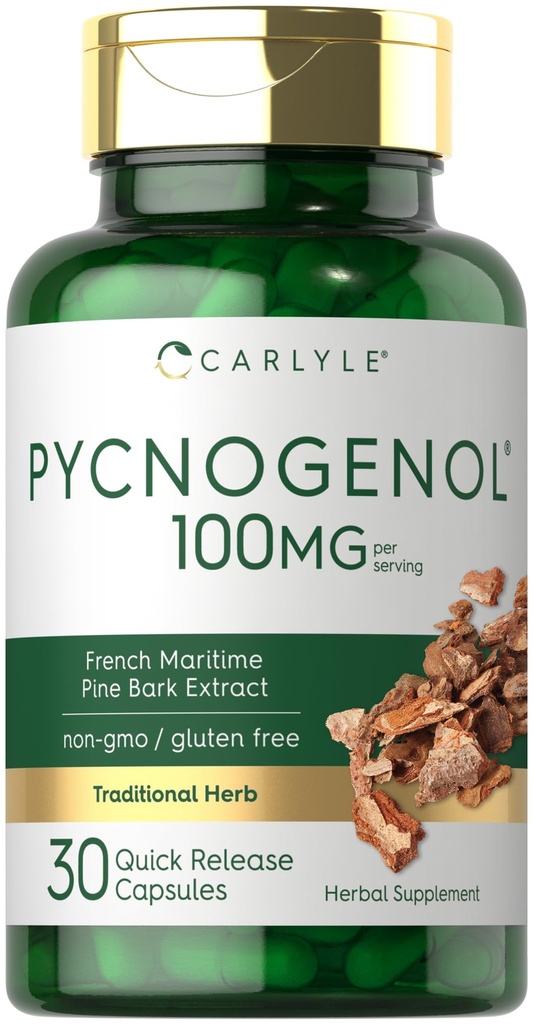 Carlyle Pycnogenol 100mg | 30 캡슐 | 프랑스 해상 소나무 껍질 추출물 | Pinus Pinaster | Non-GMO 및 글루텐 무료 보충
