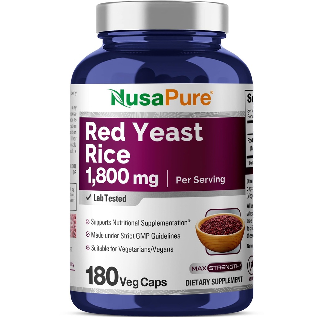 NusaPure 빨간 효모 밥 1800mg 180 Veggie 캡슐 (비 GMO, 채식주의자)