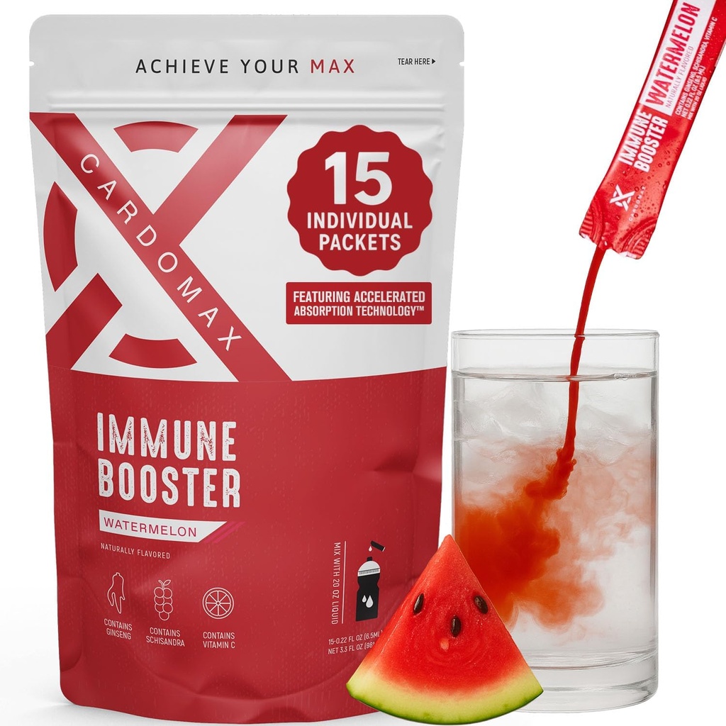 CardoMax Immunity Booster Liquid Drink Mix with Ginseng and Vitamin C for Kids and Adults, Immune Support Supplement for Energy and Wellness, Watermelon flavor, 15 Single-Serve 액체 스틱 팩