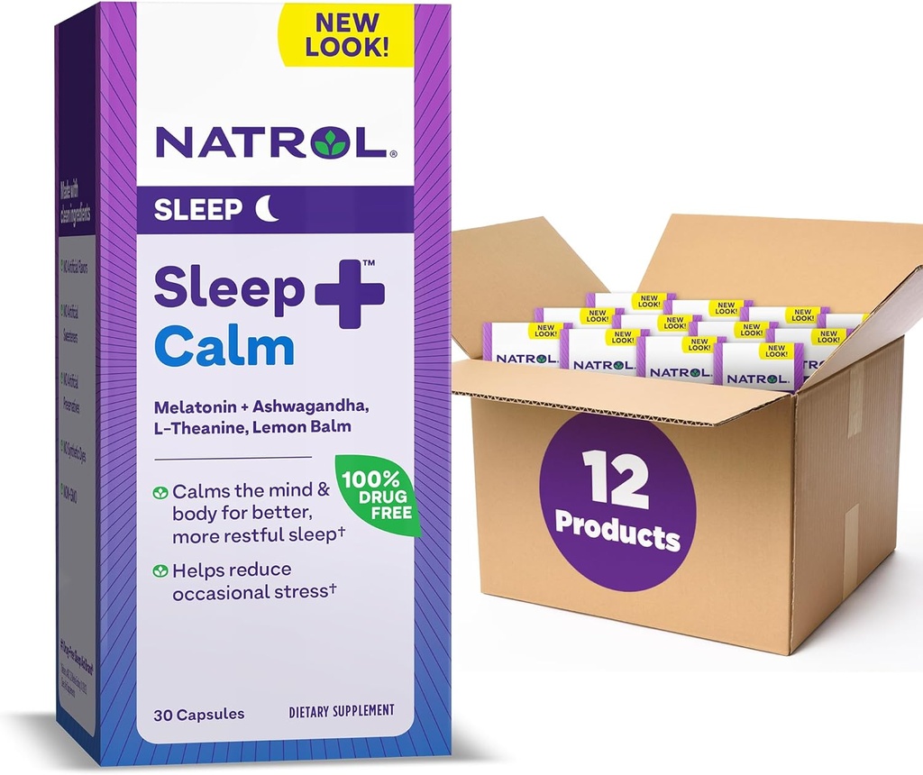 Natrol Sleep+ Calm Melatonin 6mg Ashwagandha, L-Theanine 및 레몬 Balm, 수면을 위한 규정식 보충교재 및 마음, 30의 캡슐, 30의 일 공급 (12의 포장)