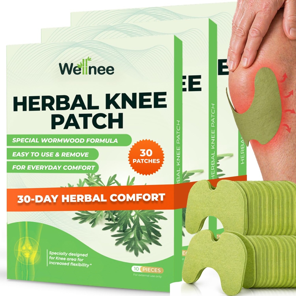 Wellnee Original Herbal Knee Patch - 무릎 지원 및 근육 통증을위한 Wellknee Plaster - 임시 구호를위한 최대 힘 - 웰빙을위한 천연 허브로 만든 접착제 열 패치 (30 패드)