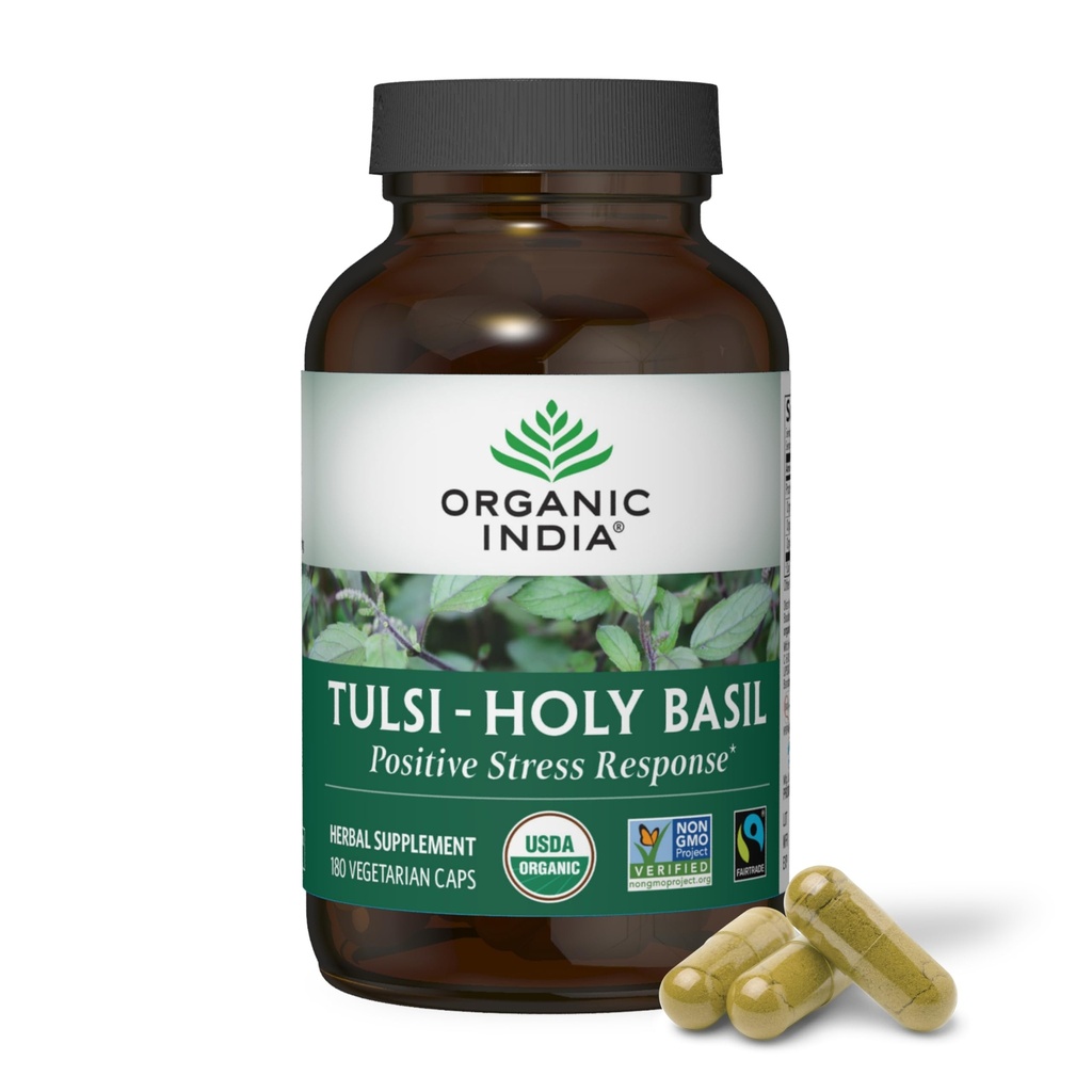 ORGANIC INDIA Tulsi Holy Basil 캡슐 - Holy Basil Extract, Herbal Supplement, Immune Support, Stress Relief, Vegan, Gluten-Free, Kosher, Organic, Non-GMO - 180 캡슐