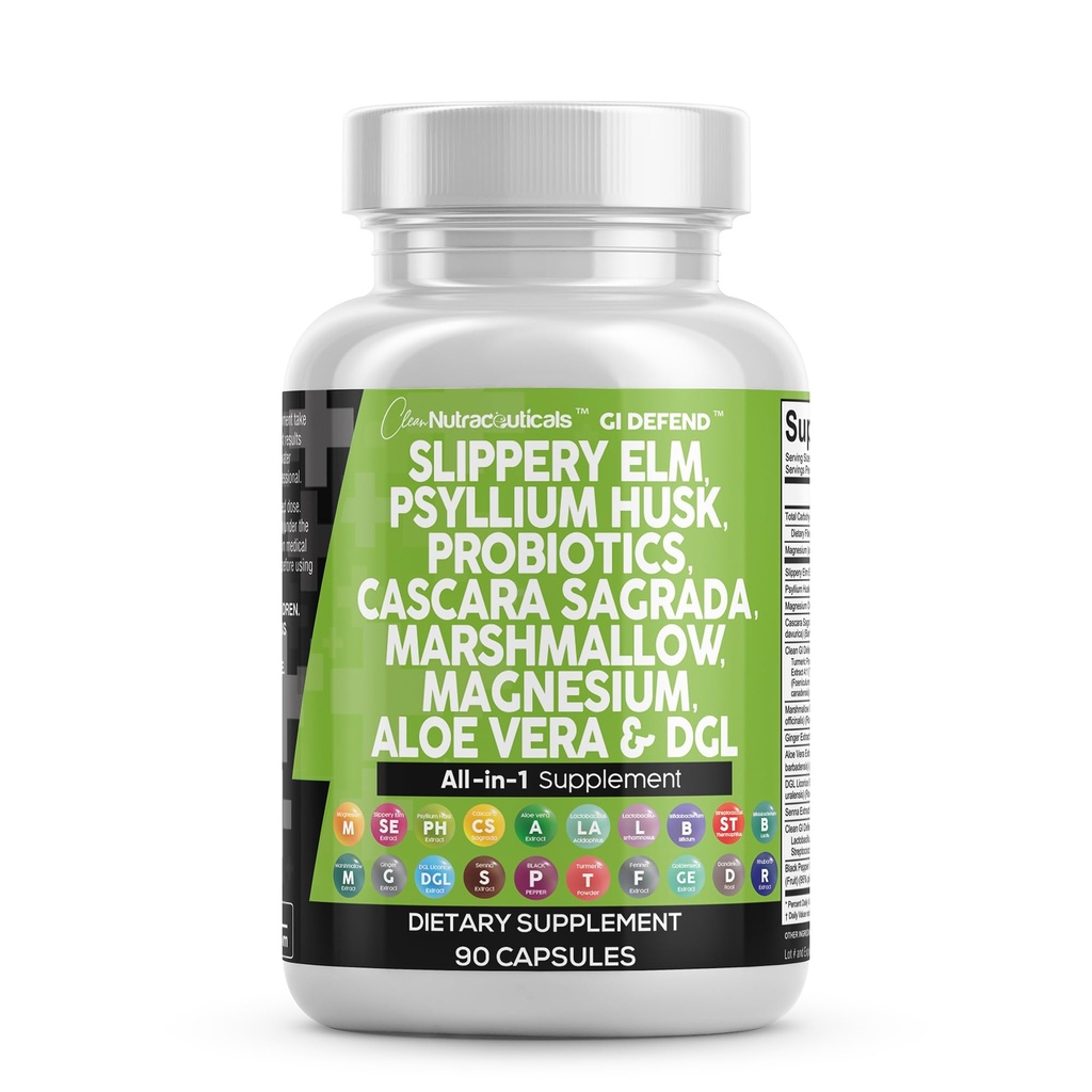 클렌징 Nutraceuticals Slippery Elm Psyllium Husk Pre Probiotic Digestive Gut Health Supplement with Aloe Vera Cascara Sagrada Marshmallow Root DGL Licorice Senna Extract